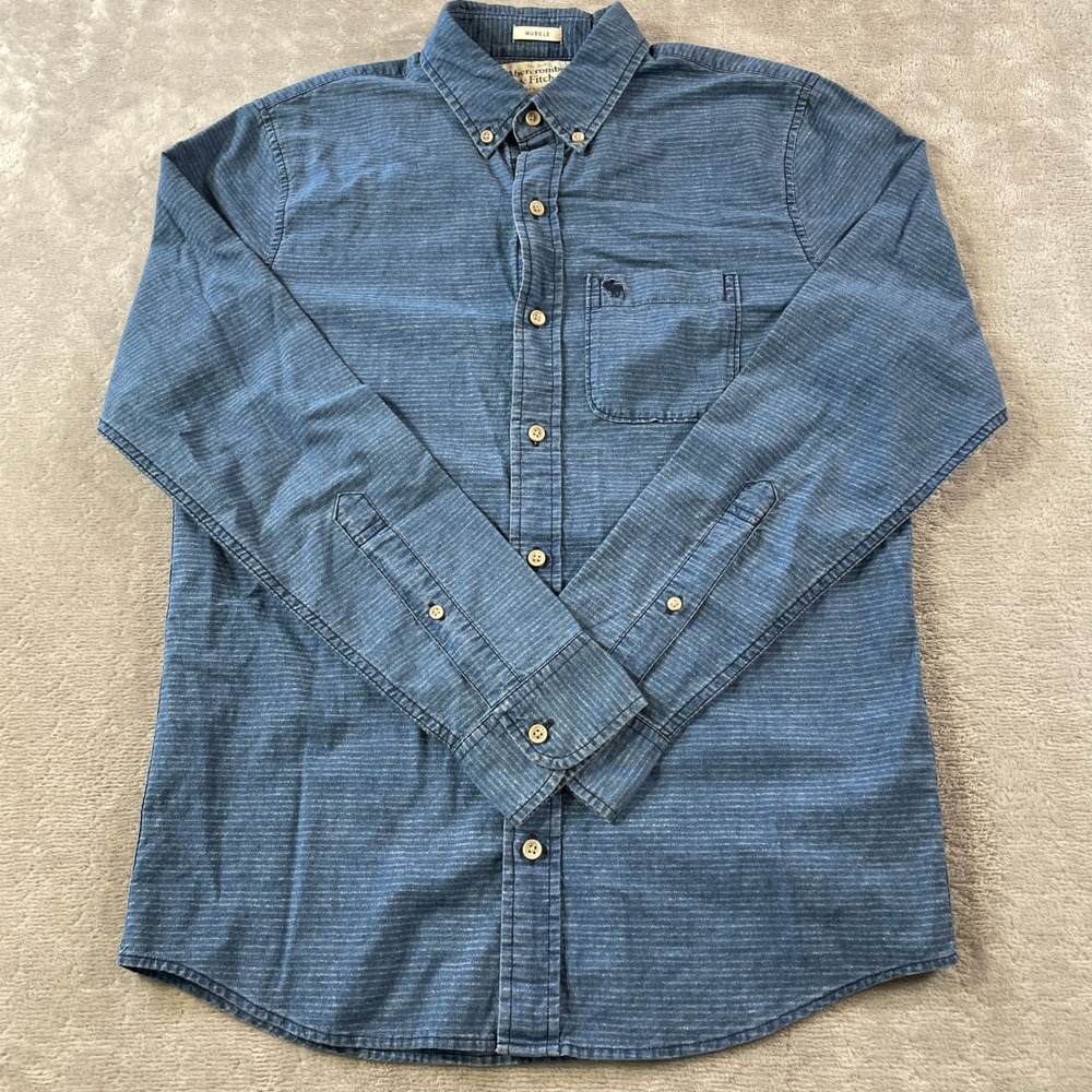 Abercrombie Fitch Shirt Mens Muscle Fit Blue Micro Stripe Button Casual Preppy